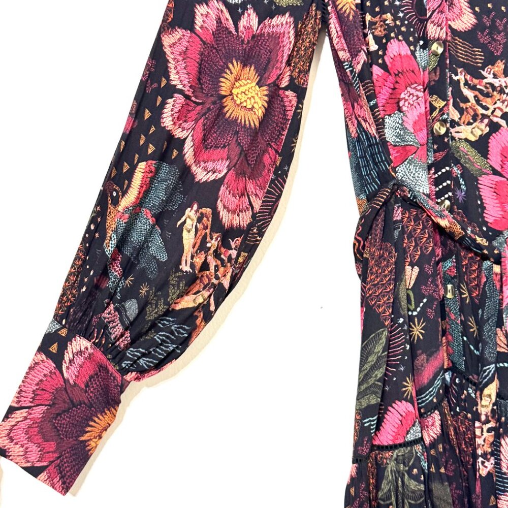 Farm Rio River Creatures Black Floral Mini Dress Tie Belt Button Front Tassels - Picture 4 of 16